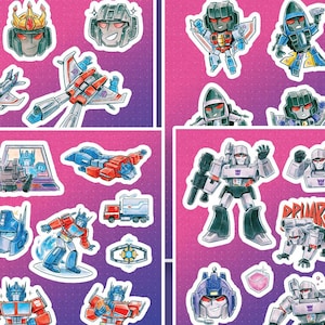 May include: A sheet of stickers featuring cartoon-style Transformers characters. The stickers depict robots, faces, and vehicles in red, blue, silver, and other colours. The background has a pink and purple gradient.
