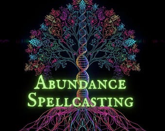 Może przedstawiać: Cyfrowa ilustracja drzewa z pniem przypominającym DNA oraz kolorowymi gałęziami i korzeniami. Tekst "Abundance Spellcasting" jest napisany świecącą zieloną czcionką na czarnym tle. Zielone liście znajdują się w rogach.