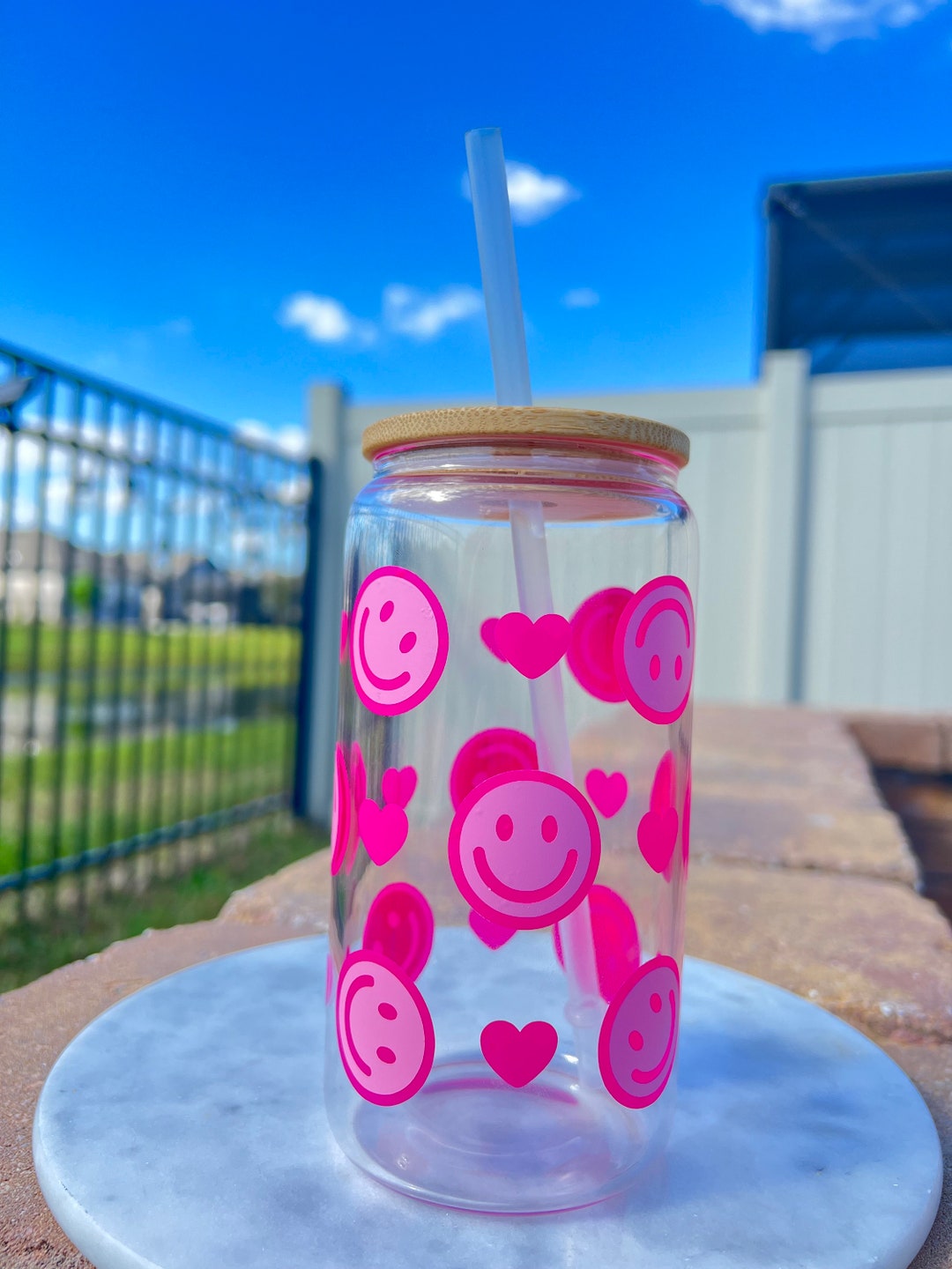 Smiley Face With Hearts Glass Cup16 Oz Beer Cupsmiley Face Etsy