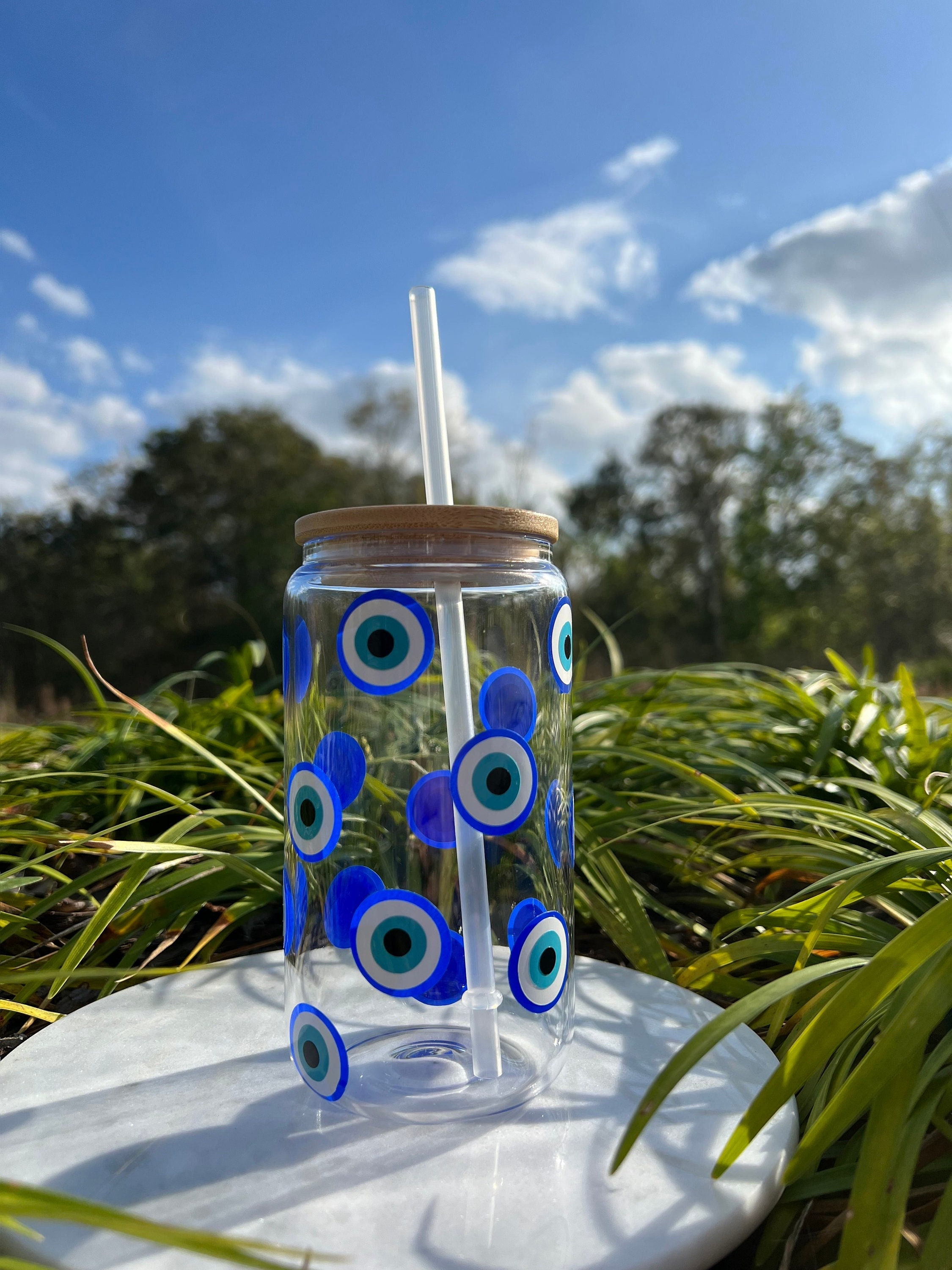 Evil Eye Glass Cup-16 Oz Beer Cup-evil Eye Coffee Cup-glass Jar-glass ...