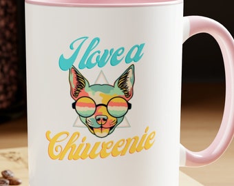I Love A ChiWeenie -Two-Tone Coffee Mugs, 15oz - Dog Lover Mug, Chihuahua Owners, Dacshund Owners, Wiener dog lovers. hot beverage