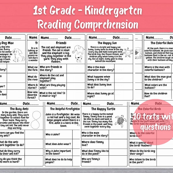 First Grade Reading Comprehension Worksheets Printable, Homeschool Learn at Home, 1st Grade Kindergarten Teacher, Kids, Instant Download PDF