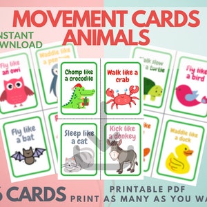 Tarjetas de movimiento de animales, tarjetas de acción imprimibles para niños, niños pequeños, preescolar, prekínder, jardín de infantes / 36 tarjetas imprimibles con temática de animales