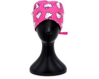 Gorro quirúrgico de algodón ajustable con estampado de gatitos hecho a mano para trabajadores de la salud.