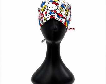 Gorro quirúrgico con diseño de gatito / Gorro de enfermera hecho a mano / Gorro quirúrgico ajustable / Gorro quirúrgico para mujer / Regalo para trabajadores de la salud / Gorro de enfermera con dibujos animados