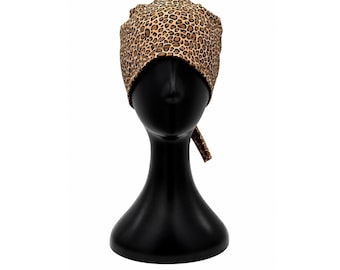 Gorro quirúrgico con estampado de guepardo / Gorro quirúrgico de algodón hecho a mano, ajustable con cordón en la parte posterior.