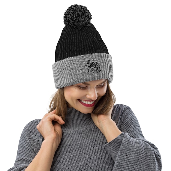 Black and Grey Rose Pom Pom Beanie - Etsy display picture 1