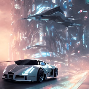May include: A futuristic white sports car drives on a glowing road in a city with towering buildings and flying vehicles.