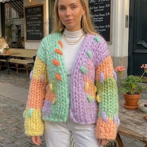 Oversized Сolorful Chunky Cardigan Pattern, Easy Patchwork Knit (PDF download)