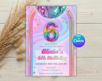 6e verjaardag disco-uitnodiging, bewerkbare regenboog pailletten glitter feestuitnodiging meisjes, canvassjabloon