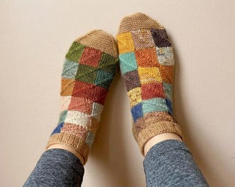 Patchwork Socks Knitting Pattern PDF, Colorful Knit Socks Tutorial (Digital Download)