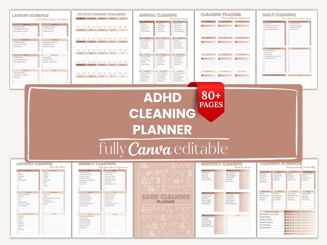 ADHD Cleaning Planner Bundle, Canva Editable Schedule, Checklist ...
