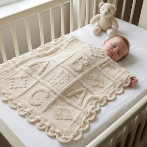 ABC Baby Blanket Knitting Pattern, Leaf Border Pram Cover (PDF Download)