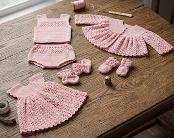 Conjunto de patrones de ganchillo vintage para bebé niña: vestido, abrigo y gorro (descarga en PDF)