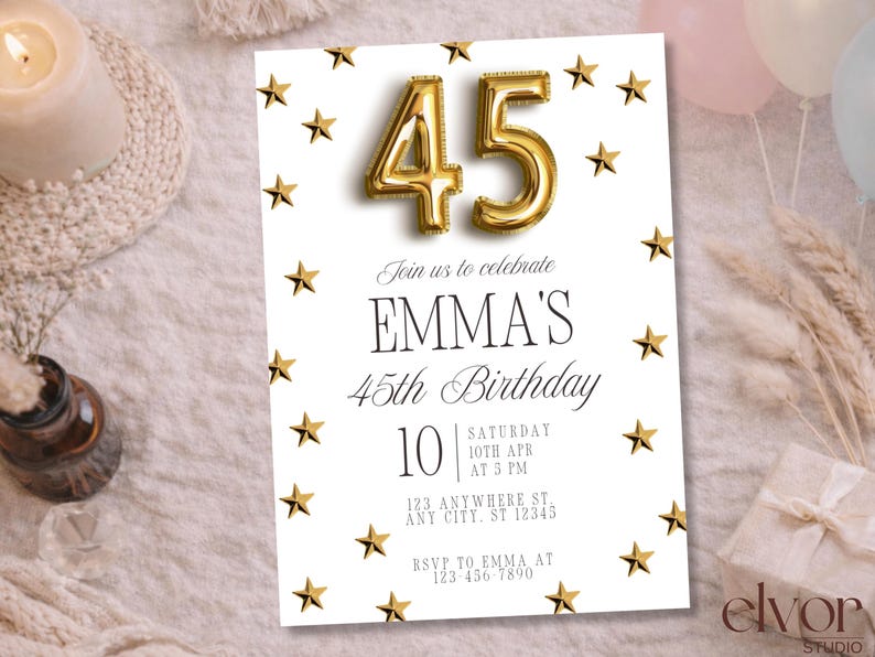 Editable 45th Birthday Invitation, Elegant Surprise Party Invite ...