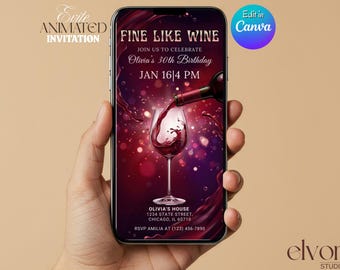 Fine Like Wine-verjaardagsuitnodiging, geanimeerde video-uitnodiging wijnfeest (canvasjabloon)