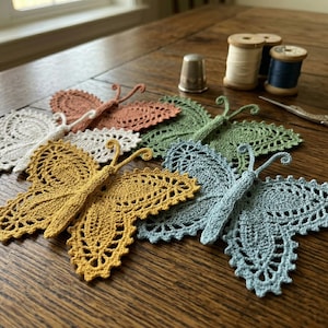 Può includere: Una collezione di decorazioni a farfalla all'uncinetto fatte a mano, colorate, nei toni del bianco, giallo, verde, blu e corallo. Le farfalle sono disposte su una superficie di legno con accessori da cucito, tra cui rocchetti di filo, un ditale e forbici.