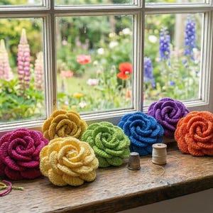 Knitted Rose Flower Pattern PDF, Easy Beginner Applique, Scrap Yarn Project (Digital Download)