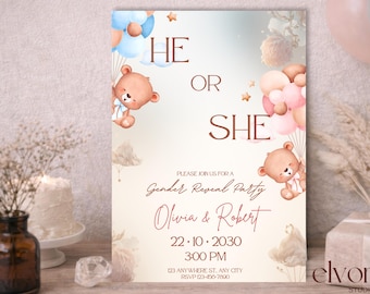 Valentijnsuitnodiging genderonthulling, teddybeer, roze en blauwe harten (bewerkbare canvassjabloon)