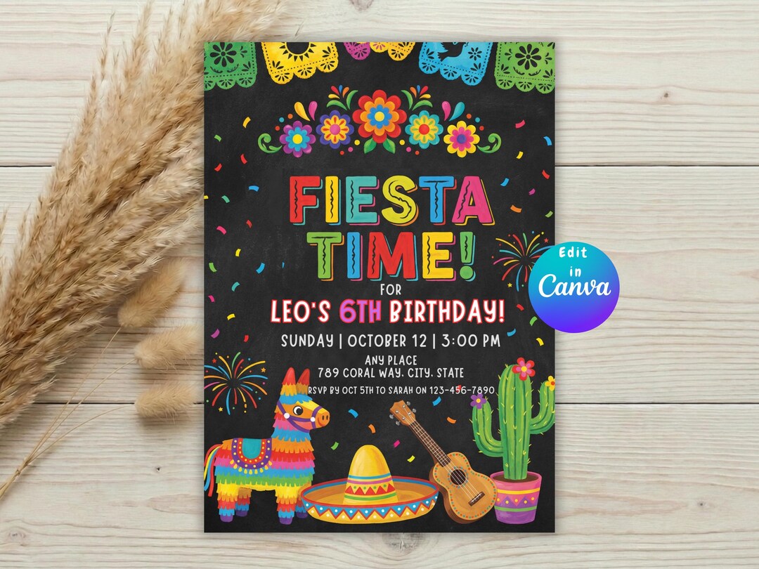 Editable Fiesta Birthday Invitation, Papel Picado Canva Template ...