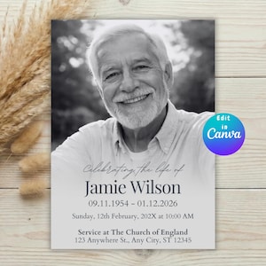 Op de afbeelding: Een zwart-wit herdenkingskaart met een portret van een lachende oudere man. De kaart bevat de tekst "Celebrating the life of Jamie Wilson" met data en service-informatie. Een kleurrijke "Edit in Canva"-afbeelding staat rechtsboven.