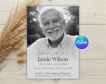 Modelo minimalista de convite para funeral, cartão memorial para celebração da vida, imprimível 5x7, download digital.