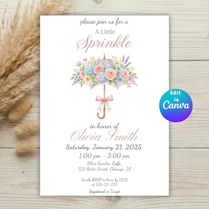 May include: A white invitation card with the text "please join us for a A Little Sprinkle" and event details. The card features a floral umbrella design in pastel colors and a pink bow. The text "Edit in Canva" is also present.