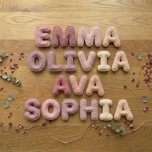 May include: Crocheted letters spelling out the names Emma, Olivia, Ava, and Sophia in various shades of pink and cream. The letters are arranged on a wooden surface, decorated with dried flowers and greenery.