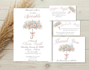 Conjunto de convites para chá de bebê com tema de guarda-chuva floral, modelo editável no Canva, imprimível para chá de bebê.