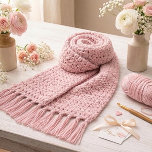 May include: A handmade, light pink crochet scarf with fringe, displayed on a white surface. A ball of matching yarn, a crochet hook, and a small card with a bow are also present. The scene is decorated with vases of pink flowers.