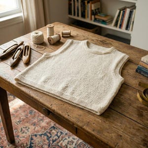 May include: A cream-colored knitted vest sits on a wooden table, alongside weaving tools, spools of thread, and books. The vest has a textured appearance and a simple, classic design. A measuring tape and a small bowl are also visible.