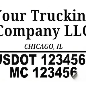 May include: A black and white decal featuring the text Your Trucking Company LLC, CHICAGO, IL, USDOT 1234567, and MC 123456. The design includes a horizontal line separating the company name and location from the regulatory identification numbers.