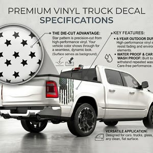 Pode incluir: Caminh&atilde;o branco com um padr&atilde;o de estrelas em preto e branco e um decalque de vinil da bandeira americana. A imagem inclui o texto "Premium Vinyl Truck Decal Specifications" e detalhes sobre as caracter&iacute;sticas e a aplica&ccedil;&atilde;o do produto.