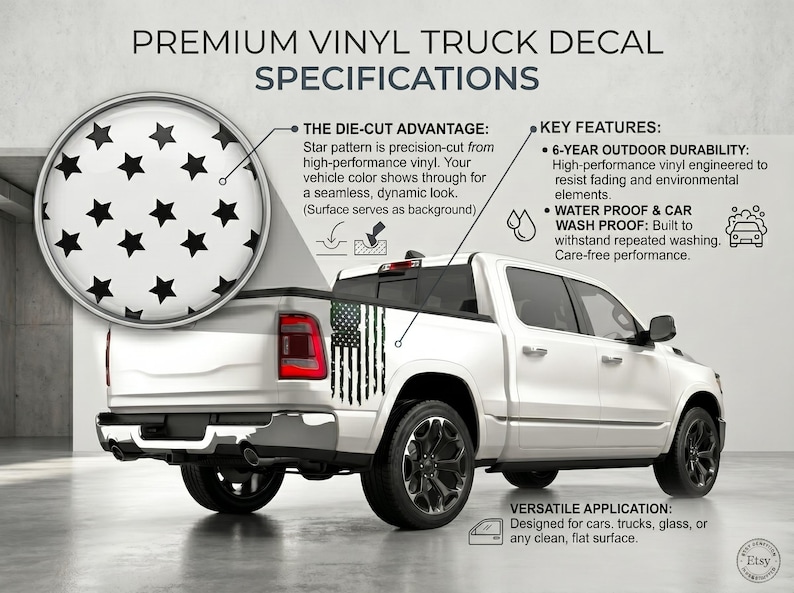 Pode incluir: Caminh&atilde;o branco com um padr&atilde;o de estrelas em preto e branco e um decalque de vinil da bandeira americana. A imagem inclui o texto "Premium Vinyl Truck Decal Specifications" e detalhes sobre as caracter&iacute;sticas e a aplica&ccedil;&atilde;o do produto.