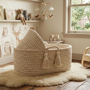 May include: A neutral-toned nursery with a woven bassinet and a wooden rocking chair. The room is decorated with a woodland animal mural and children's books. The bassinet has tassels and sits on a sheepskin rug.