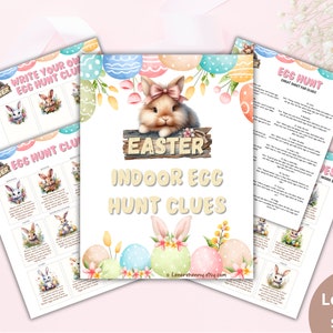 Easter bunny treasure hunt clue cards for indoor family game and kids activity. Easter party game scavenger hunt PDF printable premade clues