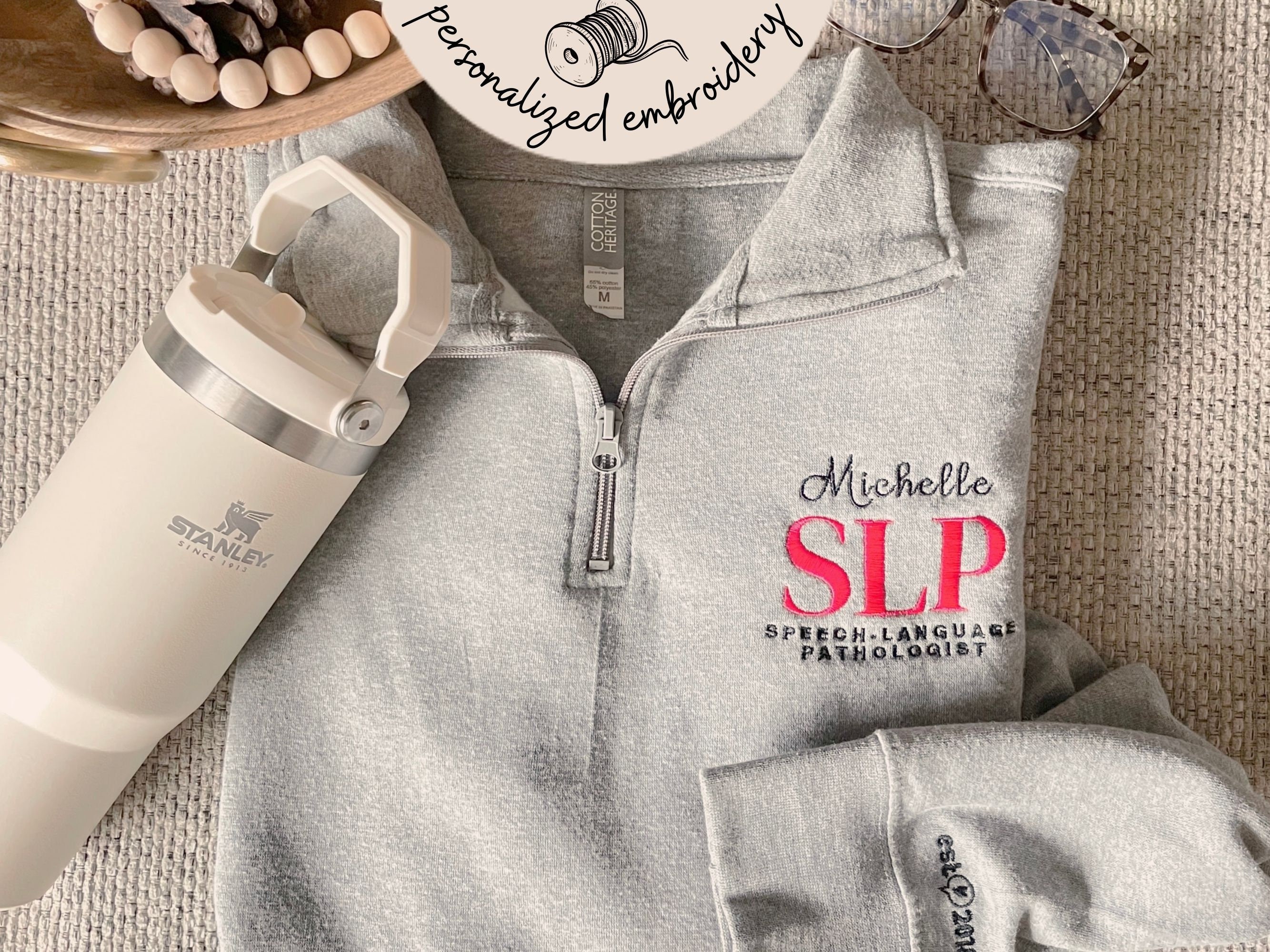 Personalized SLP embroidered quarter zip with sleeve embroidery for SLP graduation gift for slp pullover embroidered top for slp gift unique