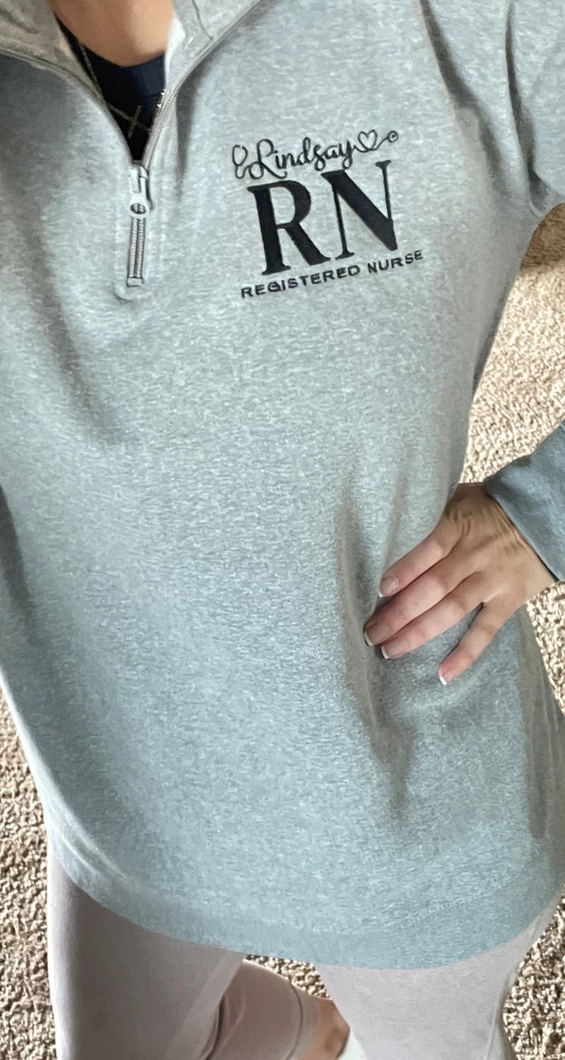 Personalized nurse embroidered quarter zip with sleeve embroidery