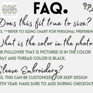 May include: FAQ about a grey pullover with black thread. The text asks if the pullover fits true to size, what colour it is, and if the sleeve embroidery can be customised.