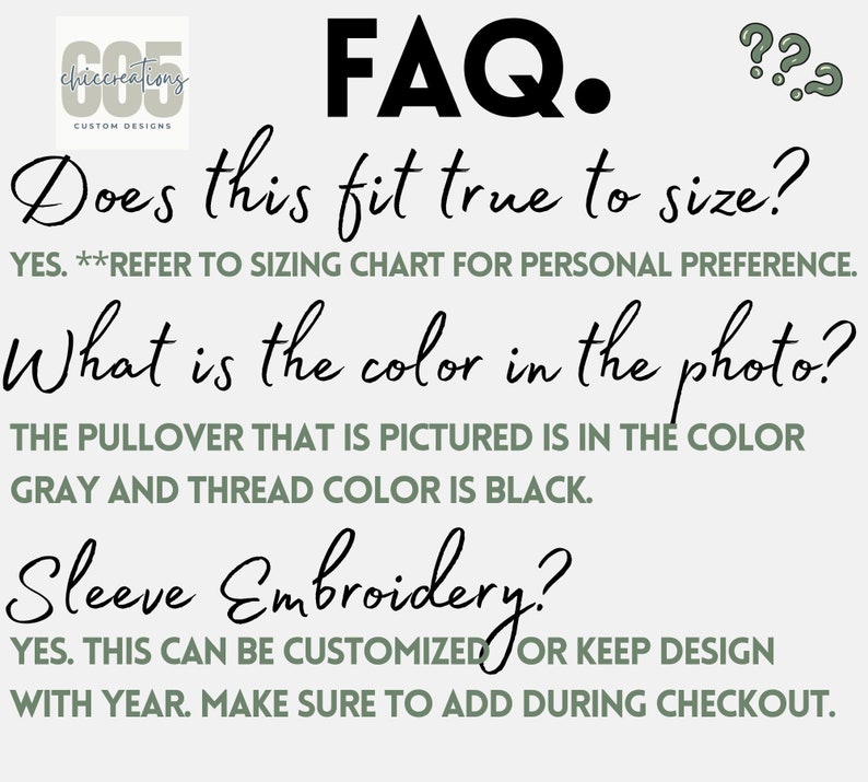 May include: FAQ about a grey pullover with black thread. The text asks if the pullover fits true to size, what colour it is, and if the sleeve embroidery can be customised.