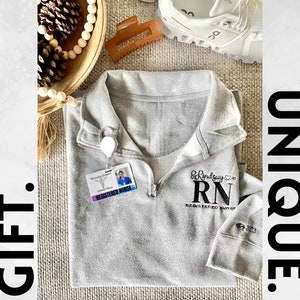 Personalized nurse embroidered quarter zip with sleeve embroidery