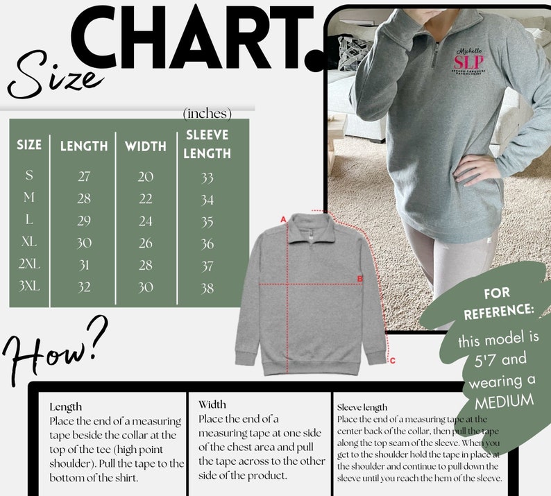 Puede incluir: Tabla de tallas para un jersey gris con cuello alto y cremallera. La tabla muestra la longitud, el ancho y la longitud de la manga en pulgadas para las tallas S a 3XL. La tabla tambi&eacute;n incluye una foto de una modelo con el jersey y una descripci&oacute;n de la altura y la talla de la modelo.