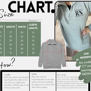 May include: A size chart for a grey sweatshirt with a mock neck and zip. The chart shows the size, length, width, and sleeve length in inches. The chart also includes a photo of a model wearing the sweatshirt and a description of how to measure the sweatshirt.