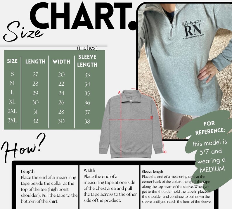 May include: A size chart for a grey sweatshirt with a mock neck and zip. The chart shows the size, length, width, and sleeve length in inches. The chart also includes a photo of a model wearing the sweatshirt and a description of how to measure the sweatshirt.