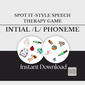 May include: A digital speech therapy game with the text "SPOT IT-STYLE SPEECH THERAPY GAME" and "INTIAL /L/ PHONEME". The game features two circles with illustrations of objects like a lab coat, ladybug, and a lucky clover. The words "Instant Download" are also present.