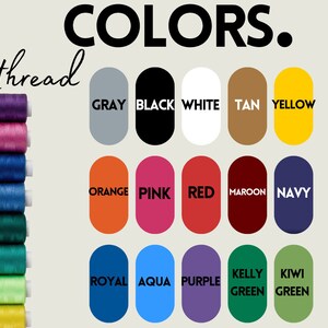 Puede incluir: Una tabla de colores de hilo con la palabra "thread" escrita encima de la tabla. Los colores son: gris, negro, blanco, marr&oacute;n claro, amarillo, naranja, rosa, rojo, granate, azul marino, azul real, turquesa, morado, verde oscuro y verde kiwi.