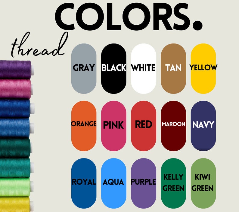 Puede incluir: Una tabla de colores de hilo con la palabra "thread" escrita encima de la tabla. Los colores son: gris, negro, blanco, marr&oacute;n claro, amarillo, naranja, rosa, rojo, granate, azul marino, azul real, turquesa, morado, verde oscuro y verde kiwi.