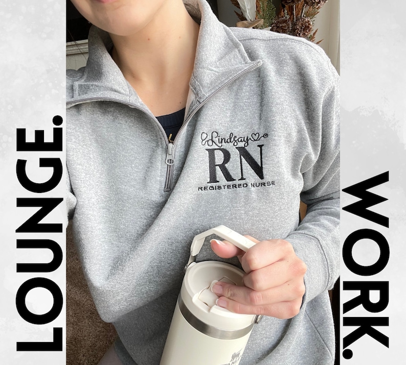 May include: Grey sweatshirt with a black embroidered logo that says "Lindsay RN Registered Nurse".