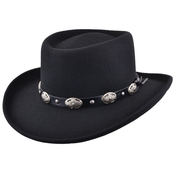 Felt Gambler Style Cowboy Hat Crushable 100% Wool With Buckle Band Curved Brim Outback Riding Hat UK
