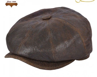 Newsboy Cap 100% Sheepskin Leather Vintage Cracked Peaky Blinders Style Bakerboy Gatsby Cap